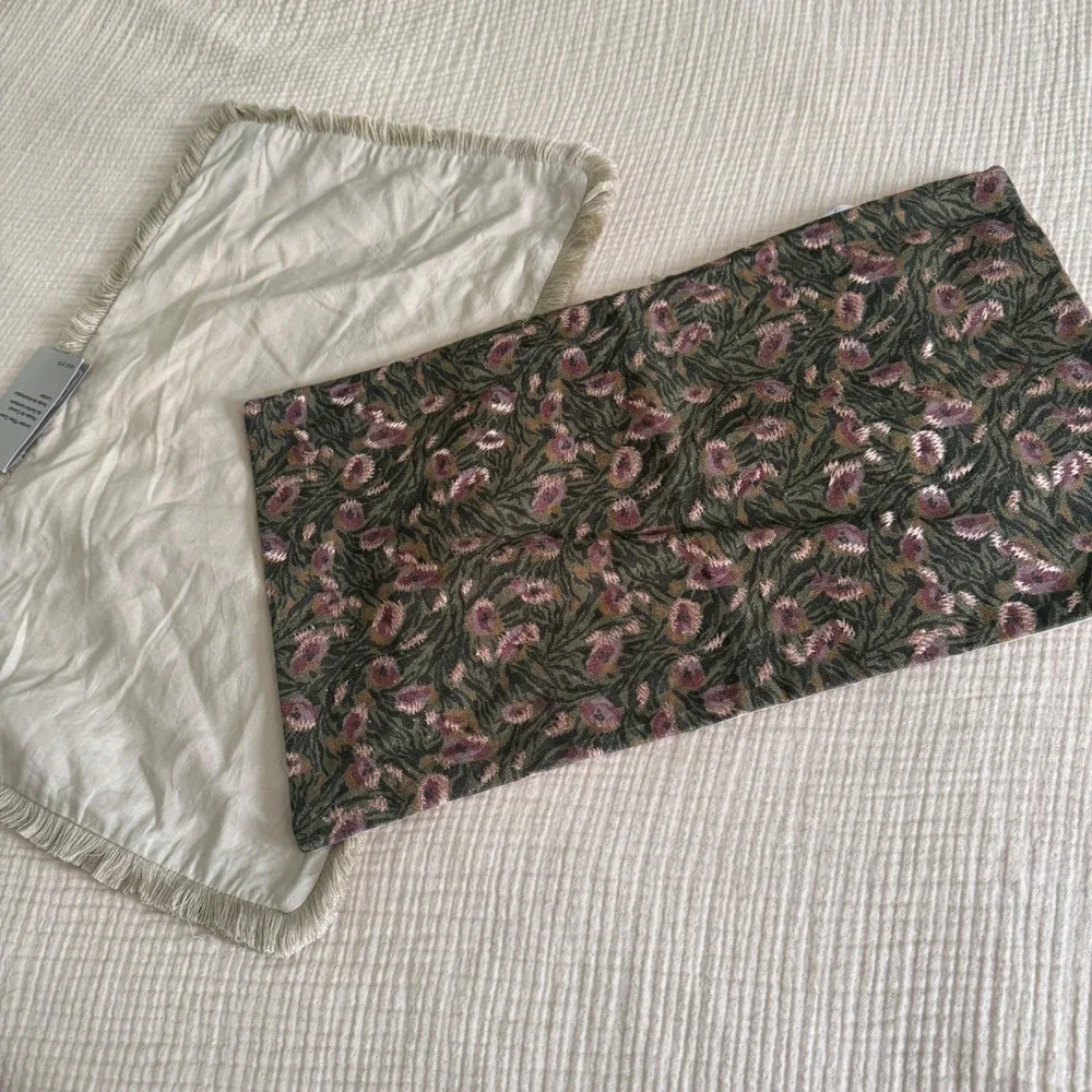 West Elm Lumbar Pillow Cover 2pc Set 12x21 Beige Fringe Green Floral NWT NWOT